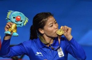 Gold Coast: Gold medalist India's MC Mary Kom during the medal ceremony of the women's Light Fly (45-48kg) boxing event at the Commonwealth Games 2018 in Gold Coast, Australia on Saturday. PTI Photo by Manvender Vashist  (PTI4_14_2018_000036B)